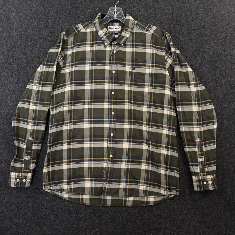 Barbour Shieldton Shirt Men's Large Green Plaid Cotton Tailored Fit Flannel